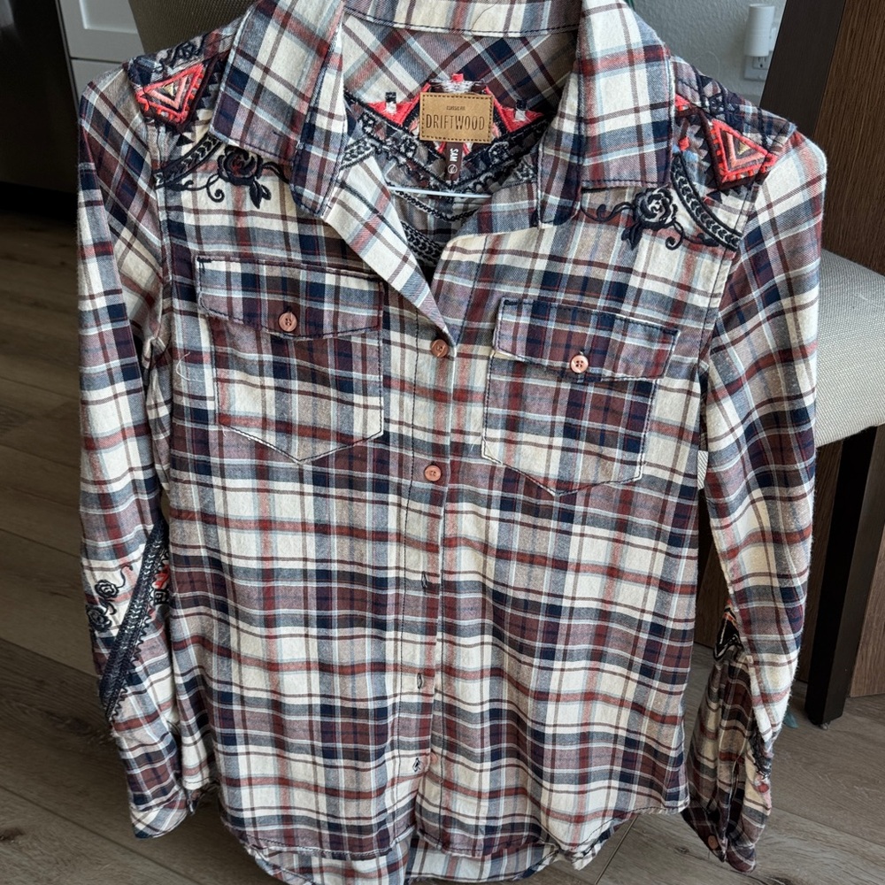 DRIFTWOOD Cream Plaid Shirt with Burgundy and Navy Embroidery